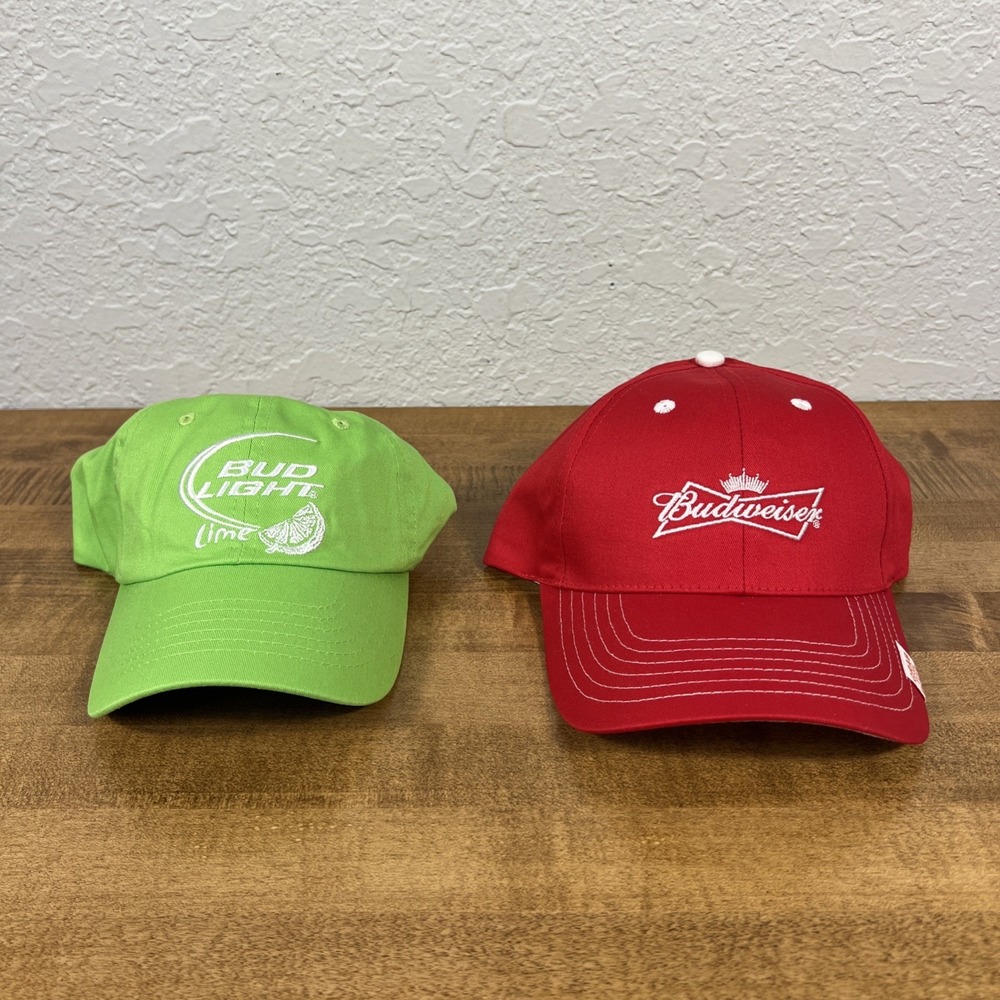 Lot‎ Of 2 Budweiser & Bud Light Lime Strapback Baseball Cap One Size Adjustable